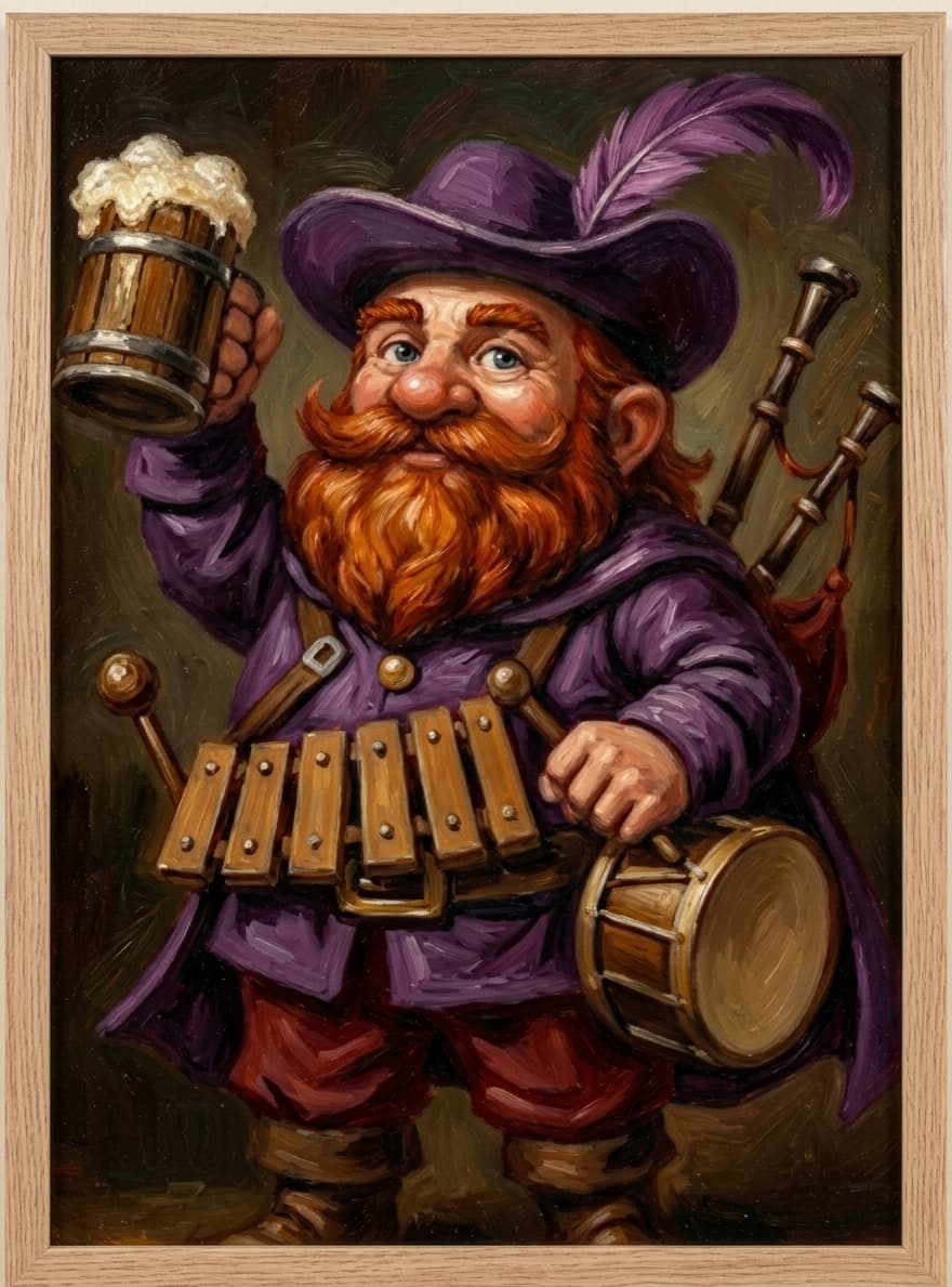Retrato a óleo de Glockenspiel segurando seu xilofone místico